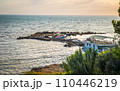 currilave beach shoreline with hotels in Durres, Albania during sunset 110446219