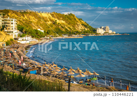 currilave beach shoreline with hotels in Durres, Albania during sunset 110446221