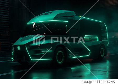 Futuristic green EV truck. Car of the future. Electric car in green neon color 110446245