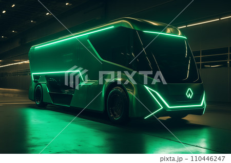 Futuristic green EV truck. Car of the future. Electric car in green neon color 110446247