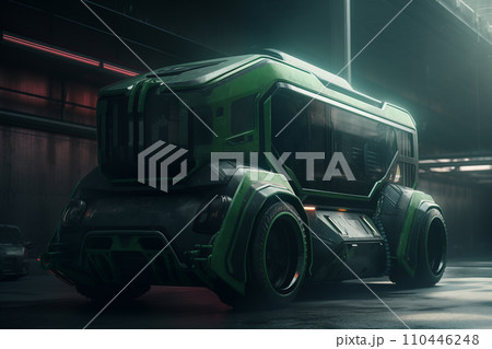 Futuristic green EV truck. Car of the future. Electric car in green neon color 110446248
