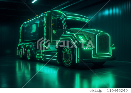 Futuristic green EV truck. Car of the future. Electric car in green neon color 110446249