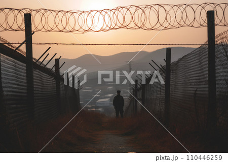 Border of South Kore and North Korea. Border with barbed wire on fence. 110446259