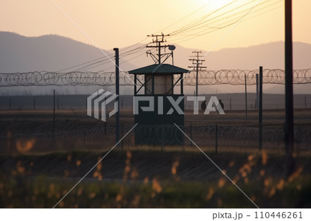Border of South Kore and North Korea. Border with barbed wire on fence. Border of South Kore and North Korea. Border with barbed wire on fence. 110446261