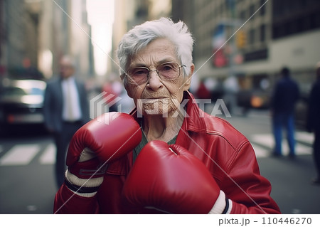 Pensioner boxing on street in USA. Grandmother boxing 110446270