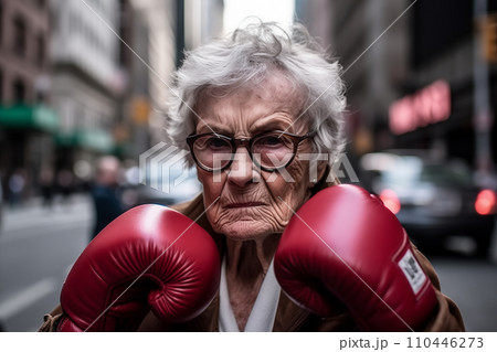 Pensioner boxing on street in USA. Grandmother boxing 110446273