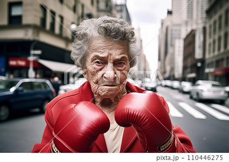 Pensioner boxing on street in USA. Grandmother boxing 110446275