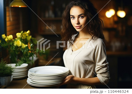 A young woman is cleaning the kitchen at home, putting things in order. A young woman is cleaning the kitchen at home, putting things in order. 110446324