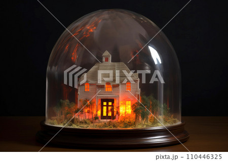 Insurance of private home, concept of life and property safety. Burning housing under dome. 110446325