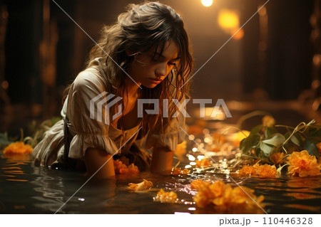 A young girl enjoys the solitude of a vintage interior in a puddle of water. 110446328