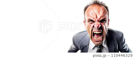 Close-up angry angry man, white background isolate. Aggressive person, abuses. 110446329