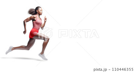 African American woman athlete sprinter runner, competitive training, white background isolate. 110446355