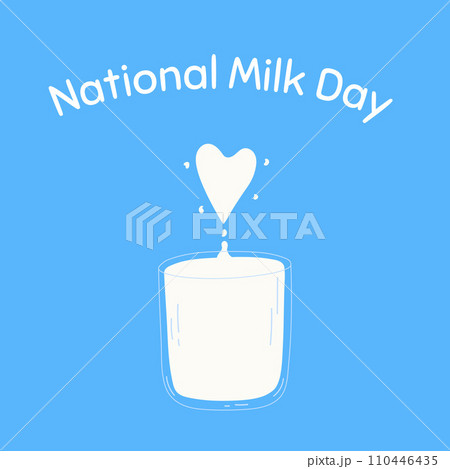 A glass of milk with heart as concept of National milk day, January 11th. Hand drawn vector illustration A glass of milk with heart as concept of National milk day, January 11th. Hand drawn vector illustration 110446435