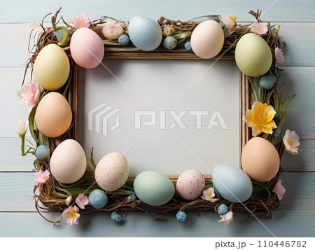 Easter eggs in nest with flowers on white background, top view. Easter card with empty copyspace for text and wishes 110446782