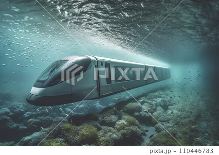 Train in Underwater railway. Underwater high-speed train on underway railroad. 110446783