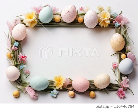 Easter eggs in nest with flowers on white background, top view. Easter card with empty copyspace for text and wishes 110446784