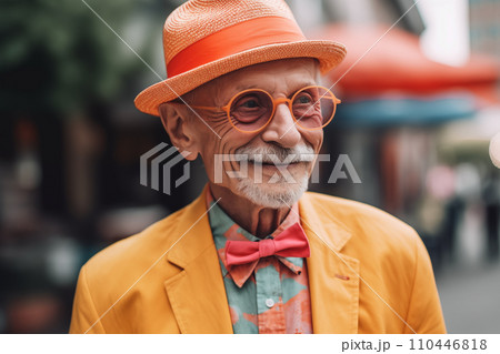 Elderly man with a cheerful smile. Grandfather in glasses and fashionable clothes on vacation. 110446818