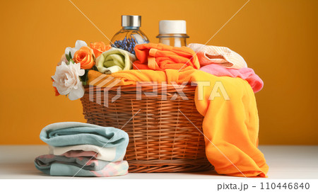 AI-generated content. Colorful dirty clothes and towels in a wicker basket, various detergents for washing on a bright yellow background 110446840