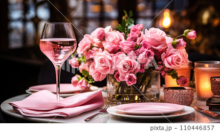 AI-generated content. Festive table setting with elegant wine glasses, beautiful pink roses. Romantic dinner for Valentine's Day, wedding AI-generated content. Festive table setting with elegant wine glasses, beautiful pink roses. Romantic dinner for Valentine's Day, wedding 110446857