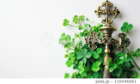 AI-generated content. Bishop St. Patrick's crozier and shamrock on a light background. Holiday St. Patrick's Day Background 110446861