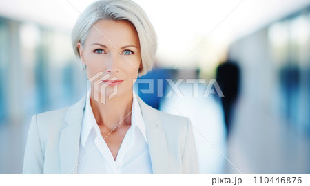 AI-generated content. Modern financial business adult woman blonde with short haircut against the background of an office, service corridor 110446876