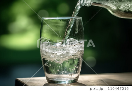 Drink water pouring in to glass mug from water plastic bottle on green background. Drink water pouring in to glass mug from water plastic bottle on green background. 110447016