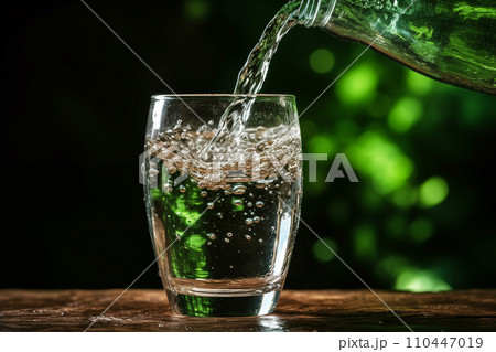 Drink water pouring in to glass mug from water plastic bottle on green background. 110447019