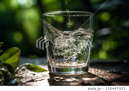 Drink water pouring in to glass mug from water plastic bottle on green background. Drink water pouring in to glass mug from water plastic bottle on green background. 110447021