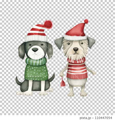 Two illustrated dogs dressed in winter clothing in a soft, 110447054