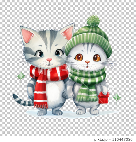 Two illustrated cats dressed in winter clothing in a soft, 110447056