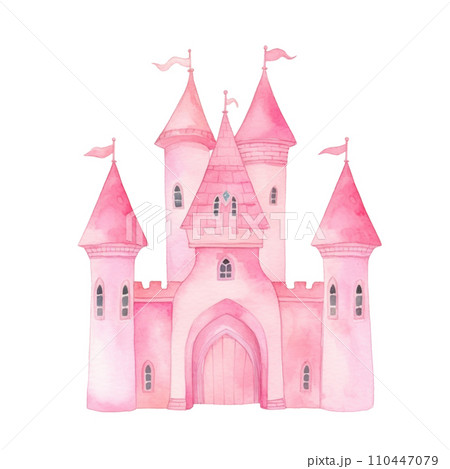 Cute pink watercolor princess castle in a soft, isolated Cute pink watercolor princess castle in a soft, isolated 110447079