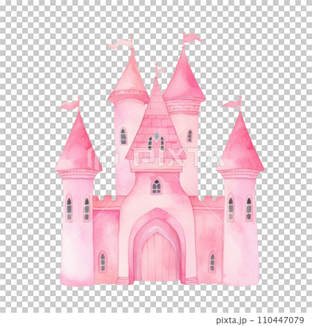 Cute pink watercolor princess castle in a soft, isolated 110447079