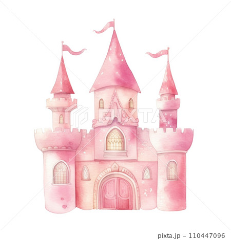 Cute pink watercolor princess castle in a soft, isolated Cute pink watercolor princess castle in a soft, isolated 110447096