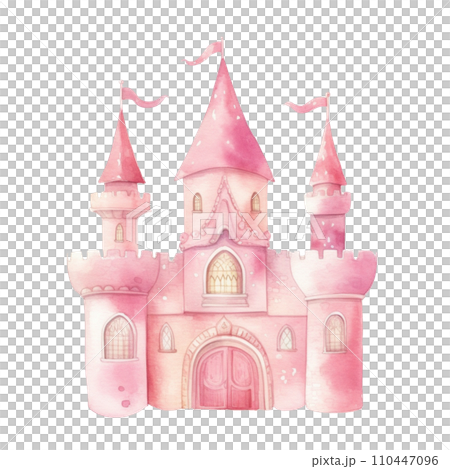 Cute pink watercolor princess castle in a soft, isolated Cute pink watercolor princess castle in a soft, isolated 110447096