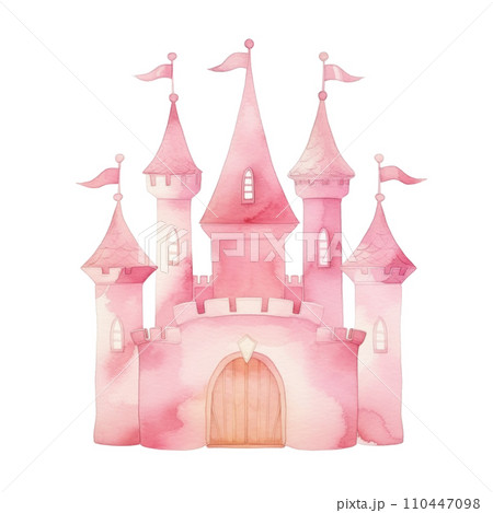 Cute pink watercolor princess castle in a soft, isolated Cute pink watercolor princess castle in a soft, isolated 110447098