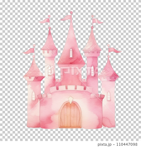 Cute pink watercolor princess castle in a soft, isolated Cute pink watercolor princess castle in a soft, isolated 110447098