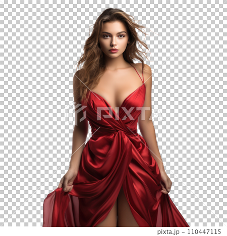 beautiful girl in red dress isolated 110447115