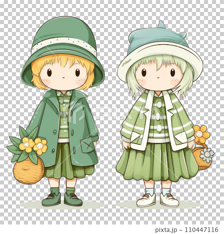 Two illustrated easter bunny with flowers and eggs, 110447116