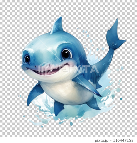 cute watercolor cartoon baby shark isolated 110447158