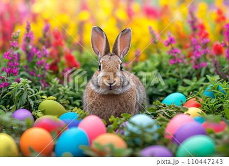 春の花と卵に囲まれたウサギ　/AI生成 110447243