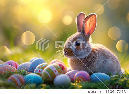 キラキラと輝くイースターのかわいいうさぎ /AI生成 キラキラと輝くイースターのかわいいうさぎ /AI生成 110447248