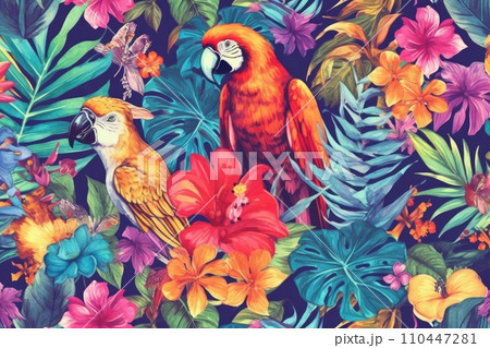AI-generated content. Tropical exotic pattern with animal and flowers in bright colors and lush vegetation. Ai Generative. 110447281