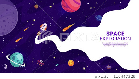 Cartoon spaceship and UFO with chemtrails in starry galaxy, space exploration vector background. Rocket launch and galactic adventure poster with spaceship rocket shuttle in spaceflight to planets Cartoon spaceship and UFO with chemtrails in starry galaxy, space exploration vector background. Rocket launch and galactic adventure poster with spaceship rocket shuttle in spaceflight to planets 110447329