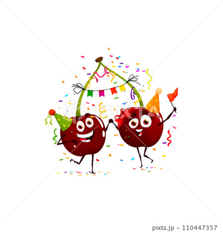 Cartoon cherry twins character, birthday holiday. Kids party berry comical mascot, children holiday event or child birthday congratulating cherry isolated vector happy personages in confetti Cartoon cherry twins character, birthday holiday. Kids party berry comical mascot, children holiday event or child birthday congratulating cherry isolated vector happy personages in confetti 110447357