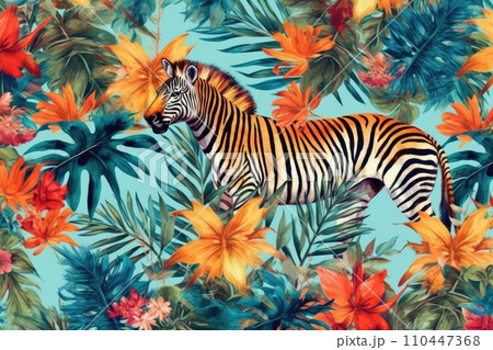 AI-generated content. Tropical exotic pattern with animal and flowers in bright colors and lush vegetation. Ai Generative. AI-generated content. Tropical exotic pattern with animal and flowers in bright colors and lush vegetation. Ai Generative. 110447368