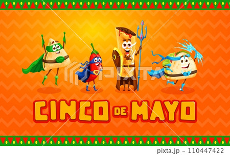 Mexican Tex Mex food superhero characters. Cinco de Mayo mexican holiday. Mexican holiday poster, Hispanic carnival vector banner with quesadilla, enchilada, taco and chili hero funny personage 110447422