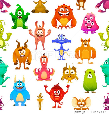 Cartoon monster characters seamless pattern, vector background with funny alien creatures. Cute bizarre monsters pattern of happy smiling mutants, goblin yeti or bigfoot, furry cyclops and gremlin 110447447