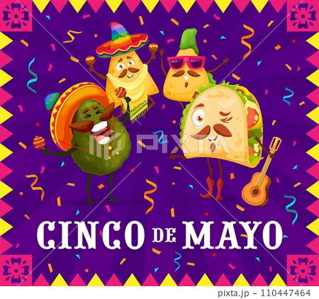 Mexican Tex Mex food characters. Cinco de Mayo holiday party banner. Mexican national carnival or festival vector invitation card with avocado, taco and nacho mariachi musician cheerful personages Mexican Tex Mex food characters. Cinco de Mayo holiday party banner. Mexican national carnival or festival vector invitation card with avocado, taco and nacho mariachi musician cheerful personages 110447464