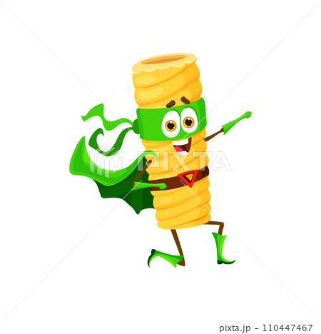 Cartoon tortiglioni italian pasta superhero character. Isolated vector fun and quirky super hero macaroni personage, complete with cape, mask and muscles ready to fight crime in fantasy noodly world Cartoon tortiglioni italian pasta superhero character. Isolated vector fun and quirky super hero macaroni personage, complete with cape, mask and muscles ready to fight crime in fantasy noodly world 110447467