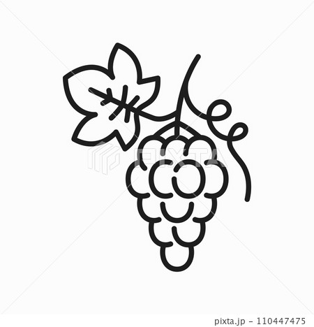 Grape berries isolated bunch with leaves outline icon. Vector vegetarian food dessert, isabella grape, sweet muscat cluster. Organic ripe grape berries 110447475
